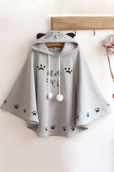 Cartoon Cat Claw Letter Printed Long Sleeve Pom Pom Embellished Cape Hoodie