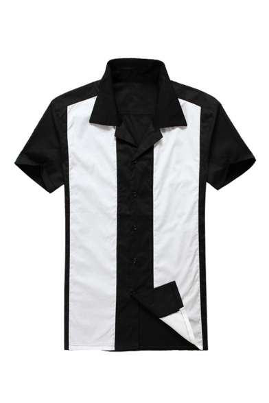 Classic Short Sleeve Lapel Collar Colorblock Cotton Button Down Shirt