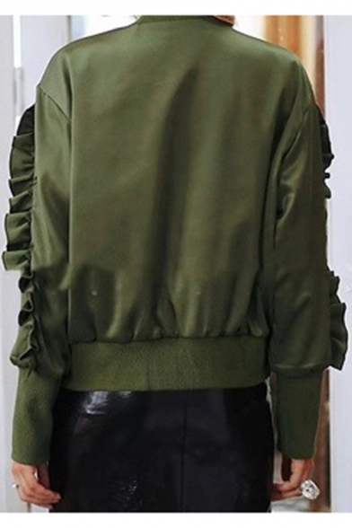Classic Stand Collar Chic Ruffle Embellished Long Sleeve Green Zip Up Bomber Jacket