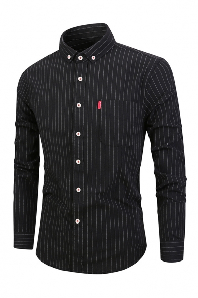 Classic Stripes Printed Long Sleeve Lapel Collar Button Down Slim Shirt