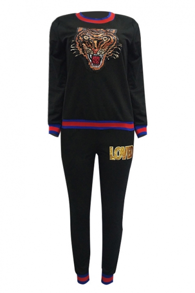 Colorblock Round Neck Long Sleeve Tiger Printed Sequined Top Drawstring Waist Pants Co-ords