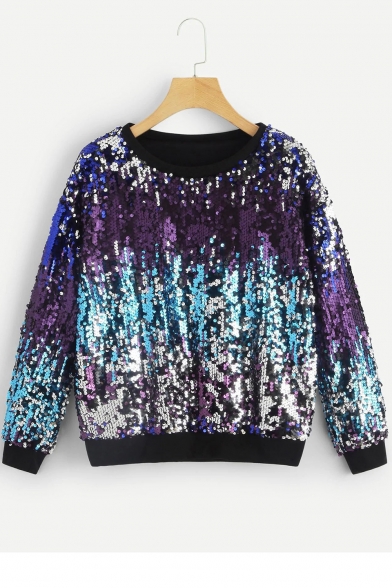 Colorful Long Sleeve Round Neck Sequined Relaxed Pullover Sweatshirt