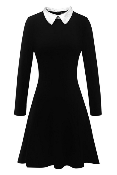 Contrast Collar Zip Back Long Sleeve Fit and Flare Dress