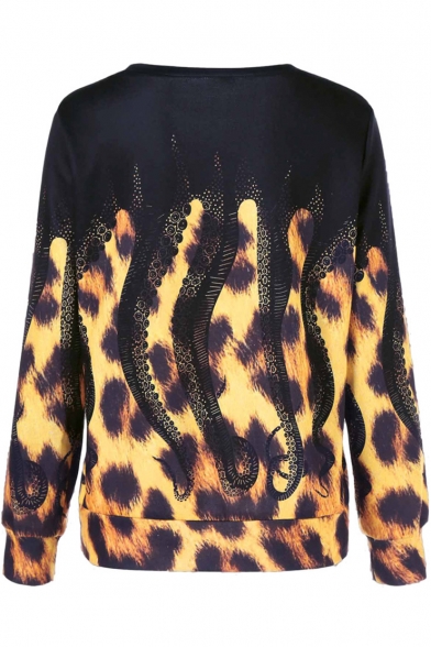 Cool Leopard Octopus Pattern Round Neck Long Sleeves Pullover Sweatshirt