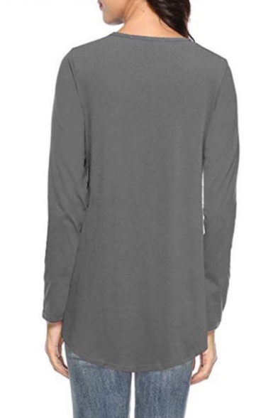 Fashionable Burgundy Round Neck Long Sleeves Plaids Patchwork Asymmetrical Hem Loose T-Shirt