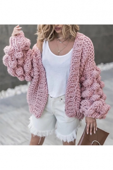 Girl's Fashion Pink Plain Double Knitted Open Front Blouson Sleeve Loose Cardigan