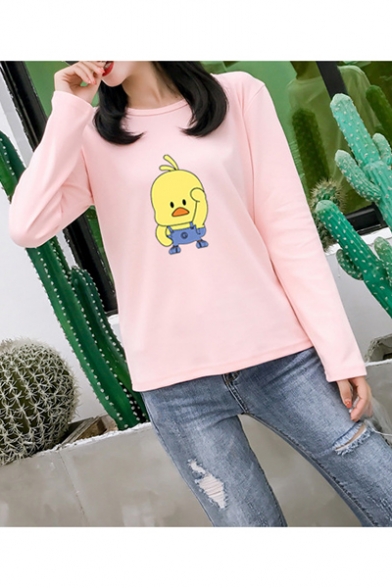 Long Sleeve Yellow Duck Printed Round Neck Tee for Girls