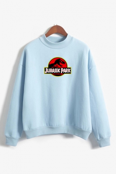 Letter JURASSIC PARK Dinosaur Printed Long Sleeve Mock Neck Sweatshirt