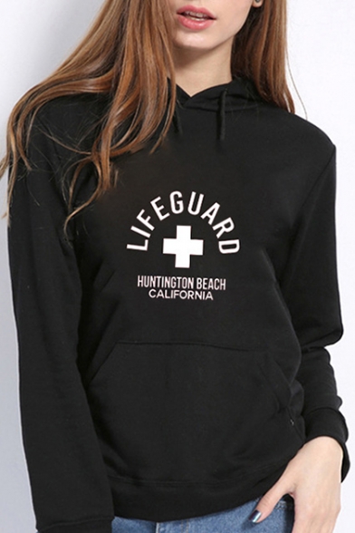 Letter LIFEGUARD Cross Pattern Long Sleeve Sports Cozy Cotton Fitted Hoodie
