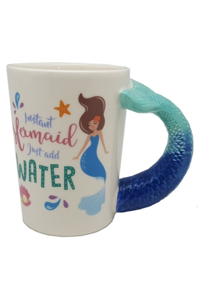 Letter Mermaid Printed Fish Tail Design Handle Blue Ceramic Mug