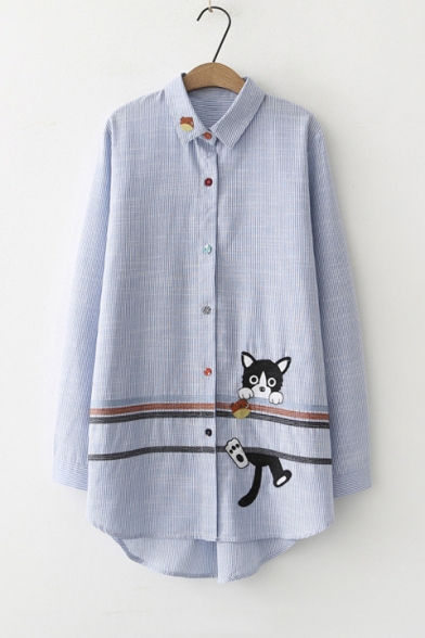 Lovely Cartoon Cat Embroidered Long Sleeve Lapel Collar Classic Striped Print Button Down Blue Shirt