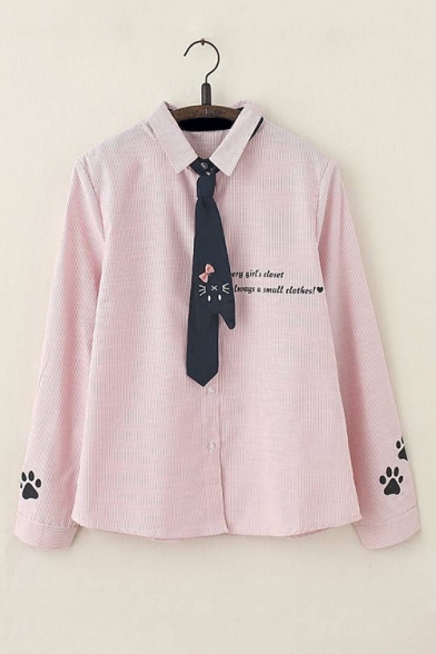 Lovely Cartoon Claw Letter Striped Printed Embroidered Tie Long Sleeve Shirt