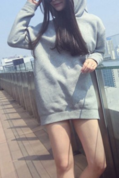 Lovely Rabbit Ear Long Sleeve Basic Solid Gray Loose Fitted Tunic Hoodie