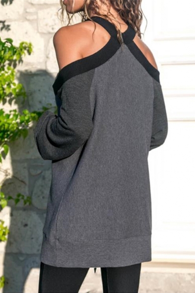 New Stylish V-Neck Long Sleeve Cold Shoulder Colorblock Loose Casual Sweater