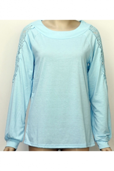 Plain Round Neck Long Sleeve Hollow Out Loose Tee