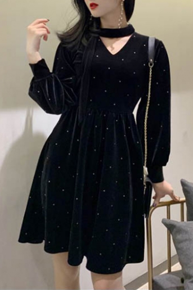 Polka Dot Printed Long Sleeve V Neck Black Velvet Mini A-Line Dress