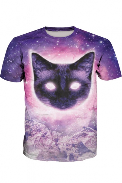 Purple 3D Cartoon Cat Galaxy Printed Round Neck Short Sleeve Pullover T-Shirt