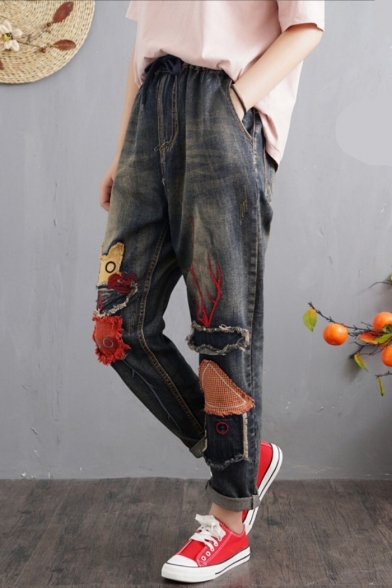 Retro Cartoon Patched Embroidered Elastic Drawstring Waist Blue Jeans for Girls