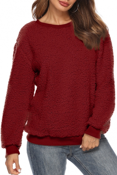 Solid Long Sleeve Round Neck Leisure Cozy Warm Fleece Sweatshirt for Girls
