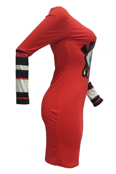 Stripes Eye Sequined Long Sleeve Round Neck Mini Bodycon Dress