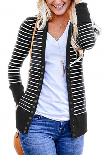 Trendy Blue Button Front Long Sleeve Striped Patchwork Knitted Cardigan for Women