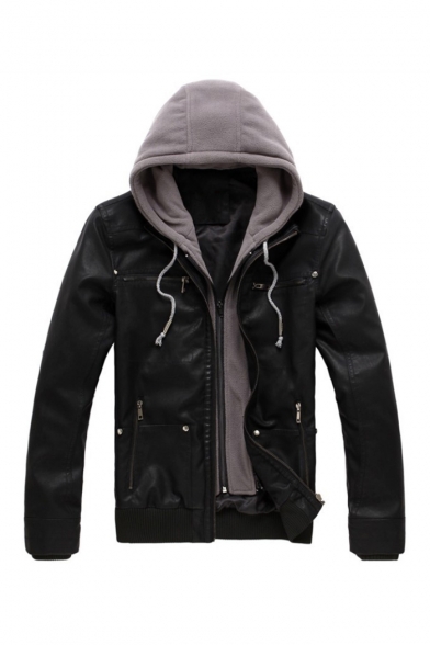 Trendy Gray Hood Patchwork Long Sleeve Multi-Zip Embellished PU Zip Up Black Coat