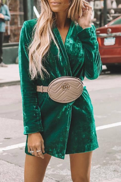 Trendy Lapel V-Neck Long Sleeve Green Velvet Casual Solid Coat for Women