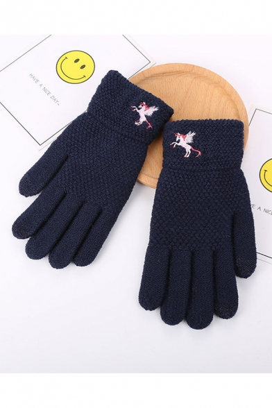 Unicorn Embroidered Warm Cozy Knit Cycling Gloves