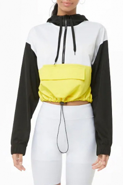 Unique Black and White Yellow Half-Zip Front Flap Pocket Long Sleeve Drawstring Waist Cropped Hoodie