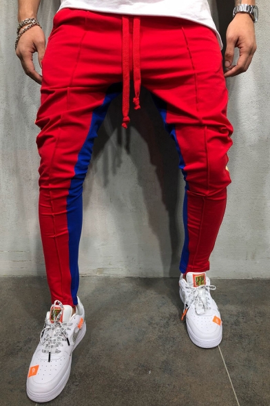 Unique Red and Blue Color Block Drawstring Waist Slim Leg Men's Workout Pants