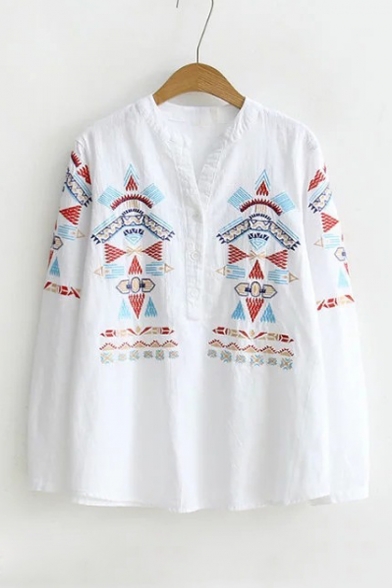 V-Neck Long Sleeve Fashion Geometric Embroidered Button Front White Blouse