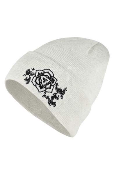 Warm Plush Floral Embroidered Knit Outdoor Beanie Hat