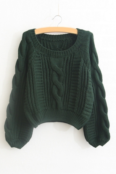 Winter's New Arrival Puff Sleeve Scoop Neck Cable Plain Cropped Sweater