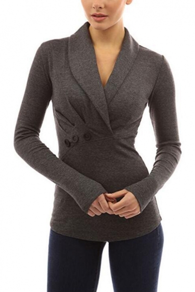 Women's New Arrival Fashion Lapel V-Neck Long Sleeve Button Embellished Slim Fitted T-Shirt