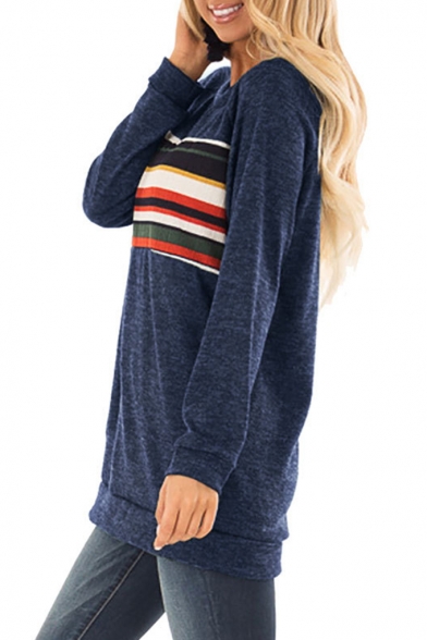 Autumn's New Fashion Long Sleeve Round Neck Striped Loose Tee