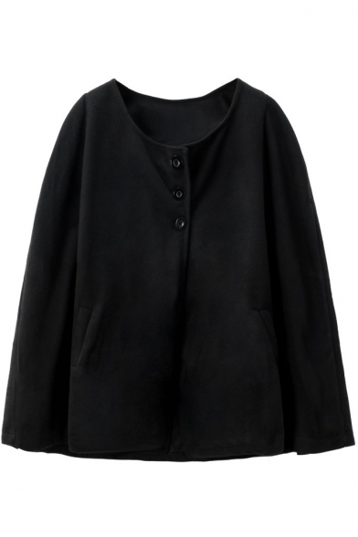 Black Loose Plain Button Down Leisure Tunics Cape Coat