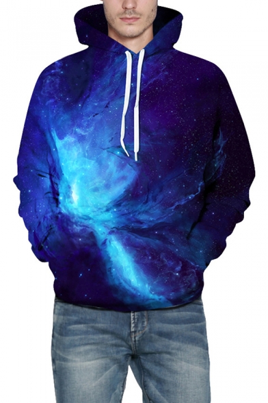 Blue 3D Galaxy Pattern Long Sleeve Loose Fitted Casual Unisex Hoodie