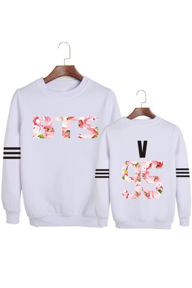 Letter Printed Round Neck Striped Long Sleeve Pullover Sweatshirt
