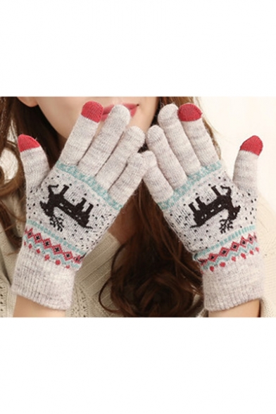 Casual Warm Cute Cartoon Deer Printed Knit Gloves