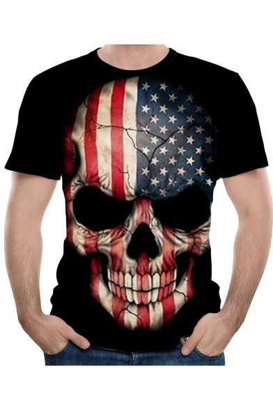 Colorblock Star Flag Skull Printed Short Sleeve Round Neck Black Tee