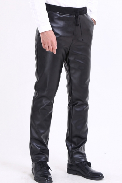 Cool Basic Elastic Waist Plain Black PU Pants