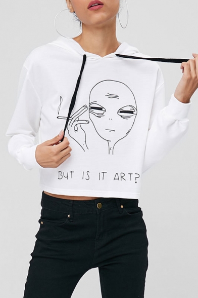 Cool White Alien Cartoon Graphic Print Long Sleeves Pullover Cropped Hoodie