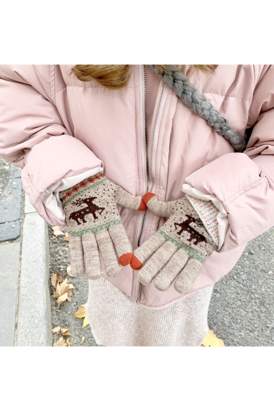Cute Colorblock Cartoon Deer Printed Knit Gloves