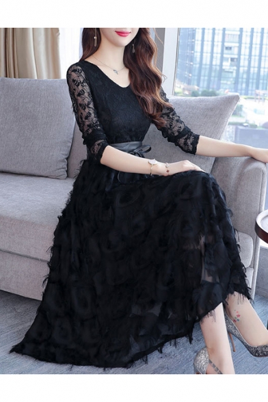 Elegant Black Feather Embellished Scoop Neck Long Sleeve Belted Fit & Flare Dress