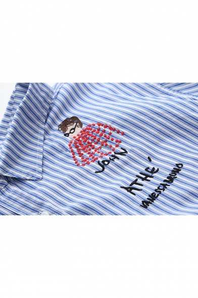 Fashion Cartoon Embroidered Spread Collar Long Sleeve Striped Blue Shirt