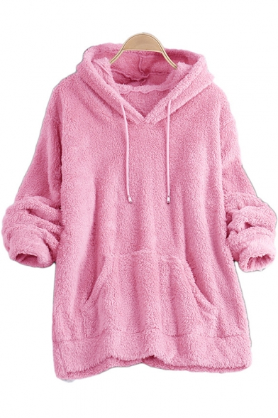 

Fashion Plain Kangaroo Plain Drawcord Hood Long Sleeve Hoodie, LC496922, Rose red;light pink