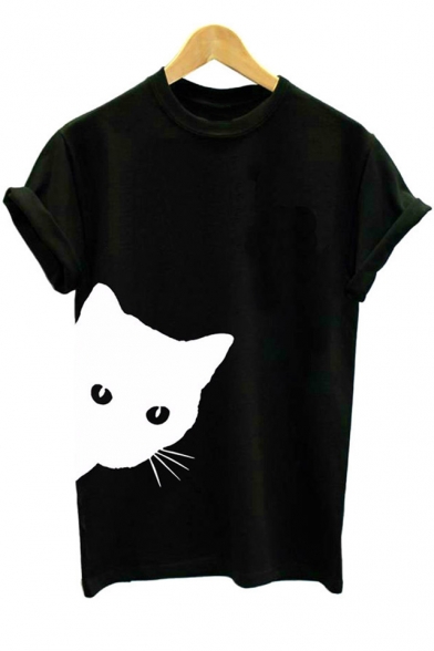 Fashion Round Neck Short Sleeve Cartoon Cat Printed Leisure Tee