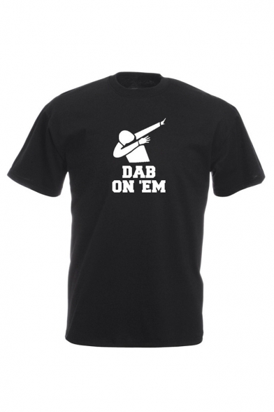 Funny Cartoon Figure Letter DAB ON EM Printed Short Sleeve Round Neck Black Tee for Guys
