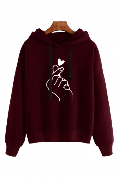 Hot Fashion Finger Heart Pattern Long Sleeve Loose Casual Hoodie