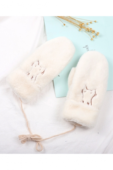 Hot Fashion Lovely Cartoon Embroidered Fluffy Gloves for Winter